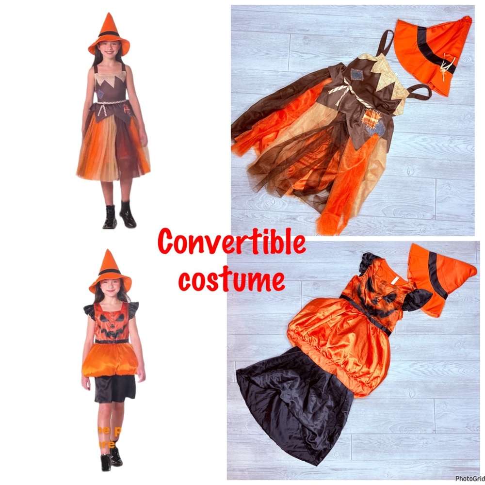 Pumpkin / scarecrow convertible Halloween costume dress and hat 8-10y